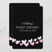 ピンクおよび白いハートのひものSweet sixteen 招待状 (正面/裏面)