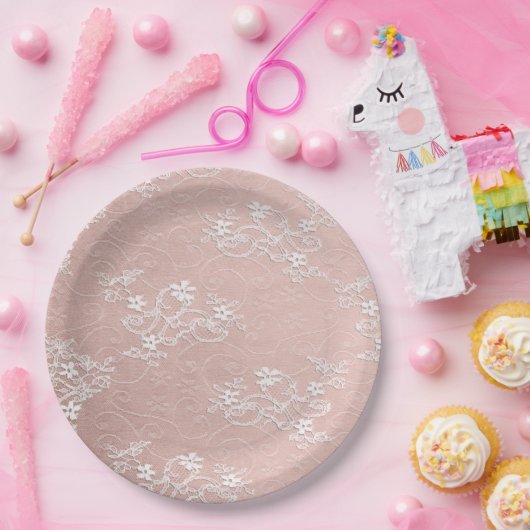 ピンクおよび白いレースのぼろぼろのシックな紙皿 ペーパープレート (パーティー)