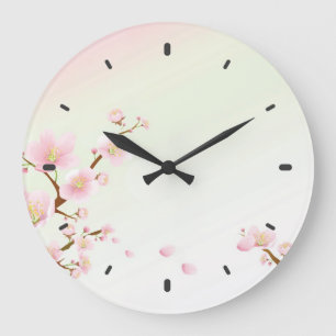 ピンクおよび白い桜の自然のモノグラム ラージ壁時計