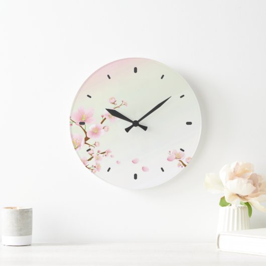ピンクおよび白い桜の自然のモノグラム ラージ壁時計 (ホーム)