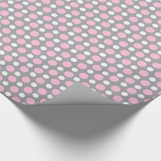 ピンクおよび白い水玉模様の包装紙との灰色 ラッピングペーパー (角)