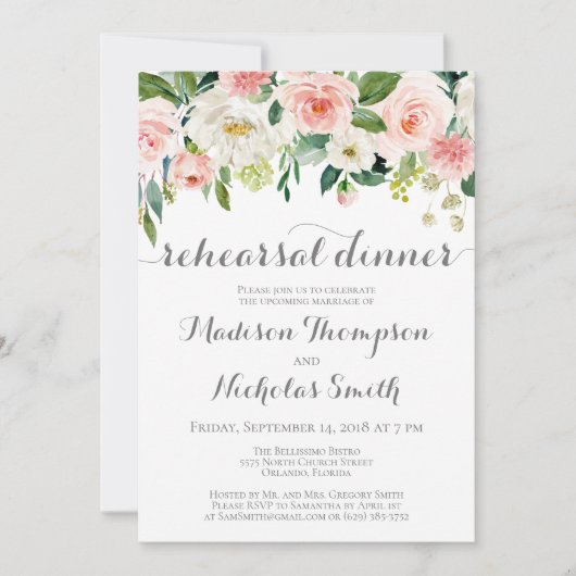 ピンクおよび白い花のリハーサルの夕食の招待状 招待状 (正面)