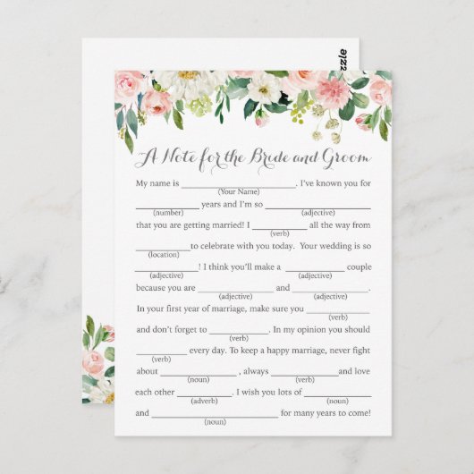 ピンクおよび白い花の結婚式のアドバイスカード ポストカード (正面/裏面)