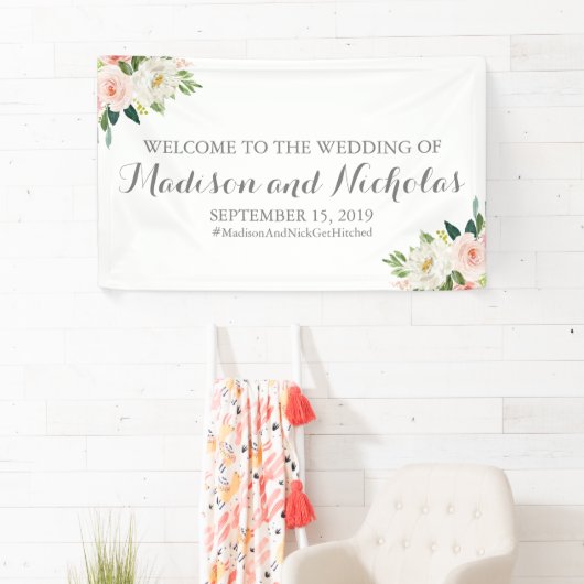 ピンクおよび白い花の結婚式の旗の装飾 横断幕 (インサイチュ)