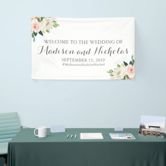 ピンクおよび白い花の結婚式の旗の装飾 横断幕 (トレードショー)