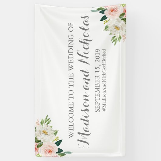 ピンクおよび白い花の結婚式の旗の装飾 横断幕 (縦)