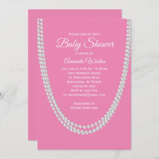 ピンクおよび真珠のベビーシャワーの招待状 招待状 (正面/裏面)