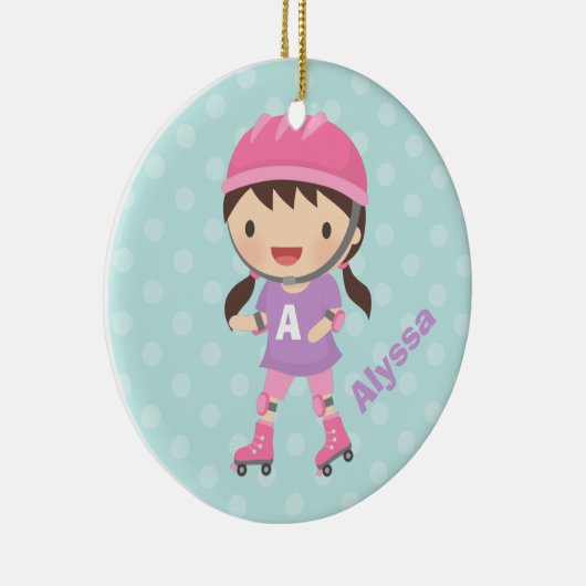 ピンクおよび紫色のかわいいローラーのスケート選手の女の子 セラミックオーナメント (右)
