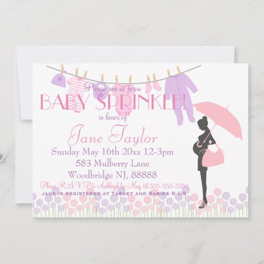 ピンクおよび紫色のシルエットのベビーは振りかけます 招待状 (正面)