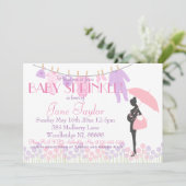 ピンクおよび紫色のシルエットのベビーは振りかけます 招待状 (スタンド正面)