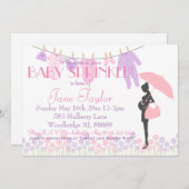 ピンクおよび紫色のシルエットのベビーは振りかけます 招待状 (正面/裏面)
