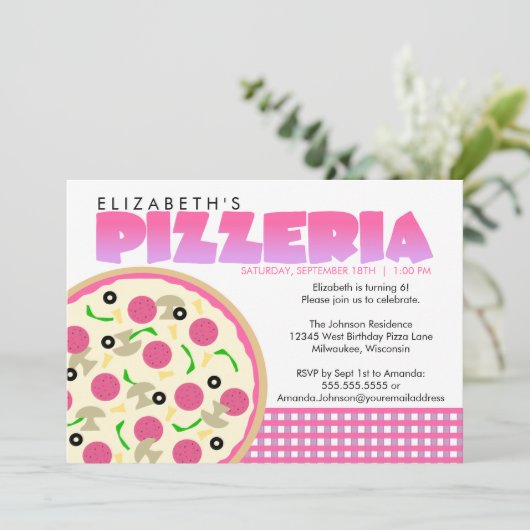 ピンクおよび紫色のピッツェリアのパーティの招待状 招待状 (スタンド正面)