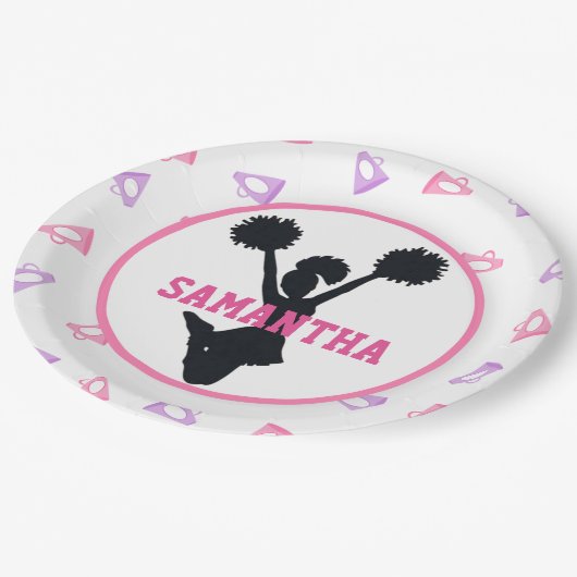 ピンクおよび紫色のメガホンのチアリーダーの誕生日 ペーパープレート (アングル)