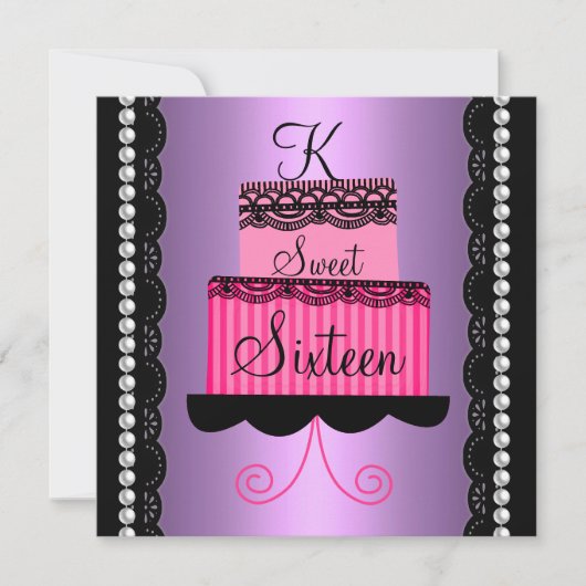 ピンクおよび紫色のレースのSweet sixteenの招待状 招待状 (正面)
