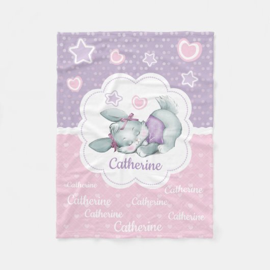 ピンクおよび紫色の名前をカスタムするの睡眠のバニー フリースブランケット (正面)