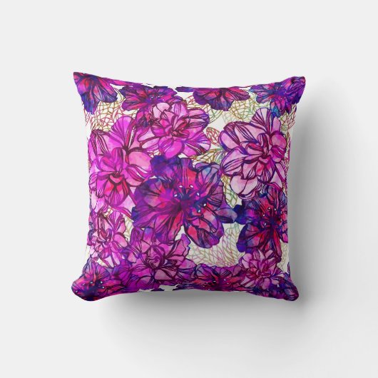 ピンクおよび紫色の抽象的な花模様 クッション (正面)
