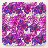 ピンクおよび紫色の抽象的な花模様 スクエアペーパーコースター (正面)