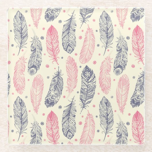 ピンクおよび紫色の民族の羽パターン ガラスコースター (正面)