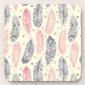 ピンクおよび紫色の民族の羽パターン コースター (正面)