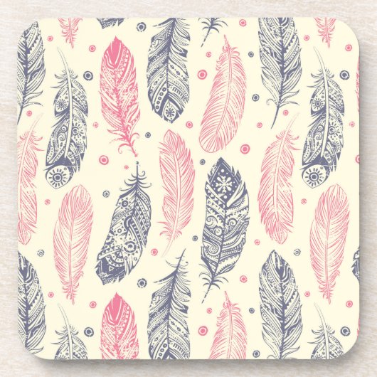 ピンクおよび紫色の民族の羽パターン コースター (正面)