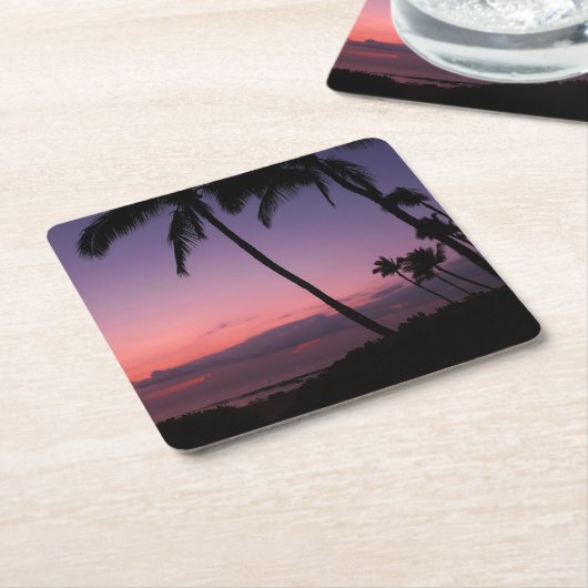 ピンクおよび紫色の熱帯日没のコースター スクエアペーパーコースター (アングル)