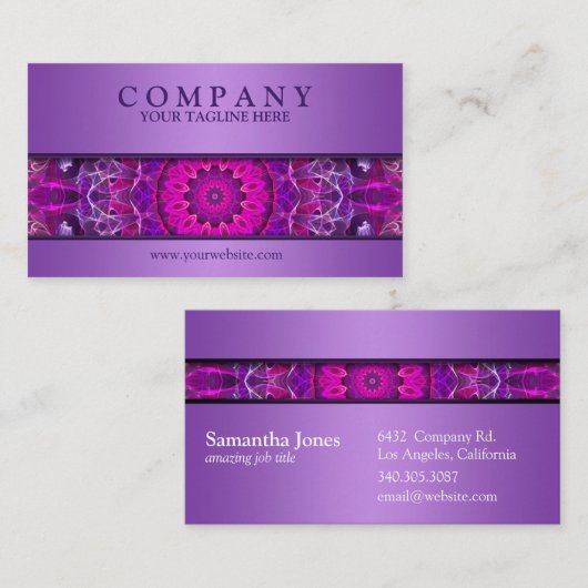 ピンクおよび紫色の白熱［赤熱］光を放つな曼荼羅-紫色のモダン 名刺 (正面/裏面)