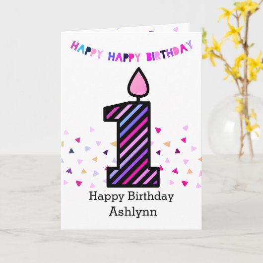 ピンクおよび紫色の第1誕生日の女の子 カード (黄色い花)