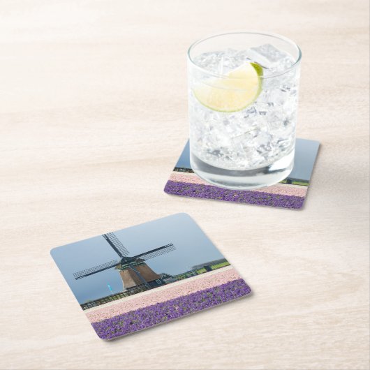 ピンクおよび紫色の花が付いている伝統的な風車 スクエアペーパーコースター (インサイチュ)