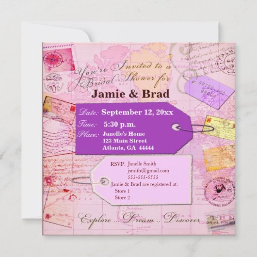 ピンクおよび紫色の花嫁旅行シャワーのテーマ 招待状 (正面)