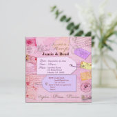 ピンクおよび紫色の花嫁旅行シャワーのテーマ 招待状 (スタンド正面)