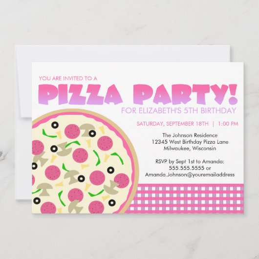ピンクおよび紫色ピザパーティの招待状 招待状 (正面)