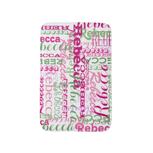 ピンクおよび緑のおもしろいの名前のコラージュのすべてのプリント バスマット (正面縦)