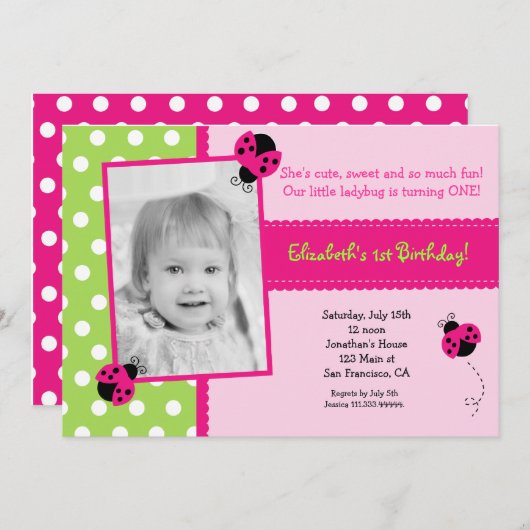 ピンクおよび緑のてんとう虫のバースデーパーティ招待状 招待状 (正面/裏面)