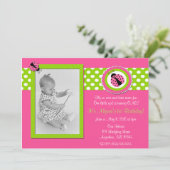 ピンクおよび緑のてんとう虫の女の子の誕生日の招待状 招待状 (スタンド正面)