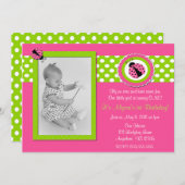 ピンクおよび緑のてんとう虫の女の子の誕生日の招待状 招待状 (正面/裏面)