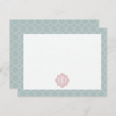 ピンクおよび緑のクローバーのモノグラム ノートカード (正面/裏面)