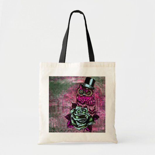 ピンクおよび緑のシルクハットを持つスタイルのフクロウを入れ墨して下さい トートバッグ (正面)