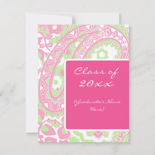 ピンクおよび緑のペイズリーの卒業の発表 招待状 (正面)