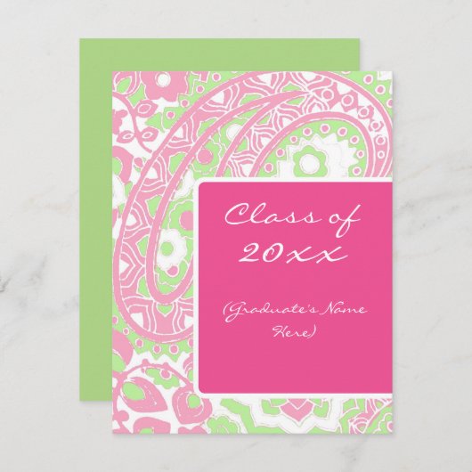 ピンクおよび緑のペイズリーの卒業の発表 招待状 (正面/裏面)