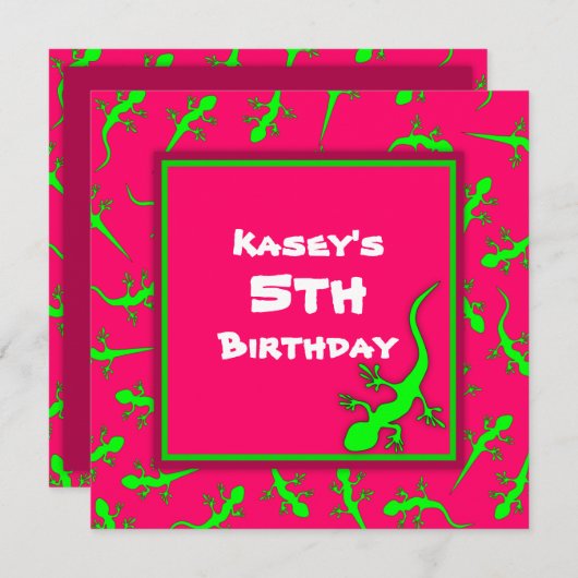 ピンクおよび緑のヤモリのトカゲのテーマの誕生会 招待状 (正面/裏面)