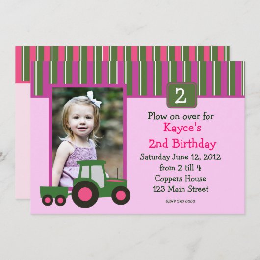 ピンクおよび緑の女の子のトラクターの誕生日の招待 招待状 (正面/裏面)