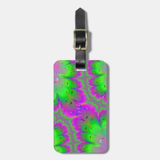 ピンクおよび緑の孔雀の尾 ラゲッジタグ (正面縦)
