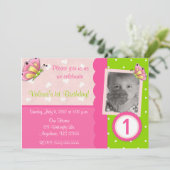 ピンクおよび緑の蝶女の子の誕生日の招待状 招待状 (スタンド正面)