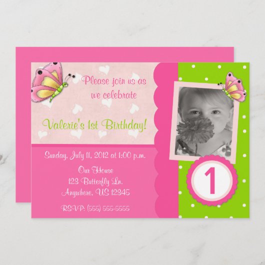 ピンクおよび緑の蝶女の子の誕生日の招待状 招待状 (正面/裏面)