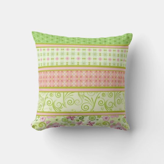 ピンクおよび緑の蝶花柄 クッション (正面)