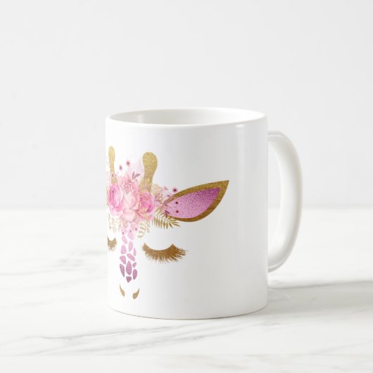 ピンクおよび金ゴールドのキリンのマグ コーヒーマグカップ (正面右)