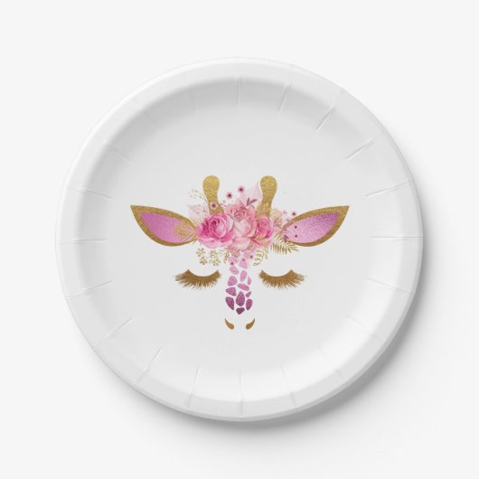 ピンクおよび金ゴールドのキリンの紙皿 ペーパープレート (正面)