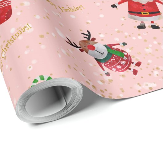 ピンクおよび金ゴールドのグリッターのクリスマスのキャラクター ラッピングペーパー (ロールコーナー)