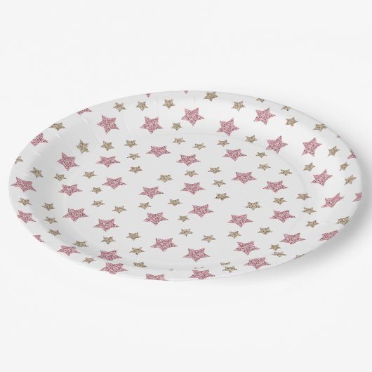 ピンクおよび金ゴールドのグリッターの星9"紙皿 ペーパープレート (アングル)