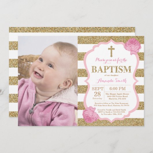 ピンクおよび金ゴールドのグリッターの洗礼の招待状 招待状 (正面/裏面)